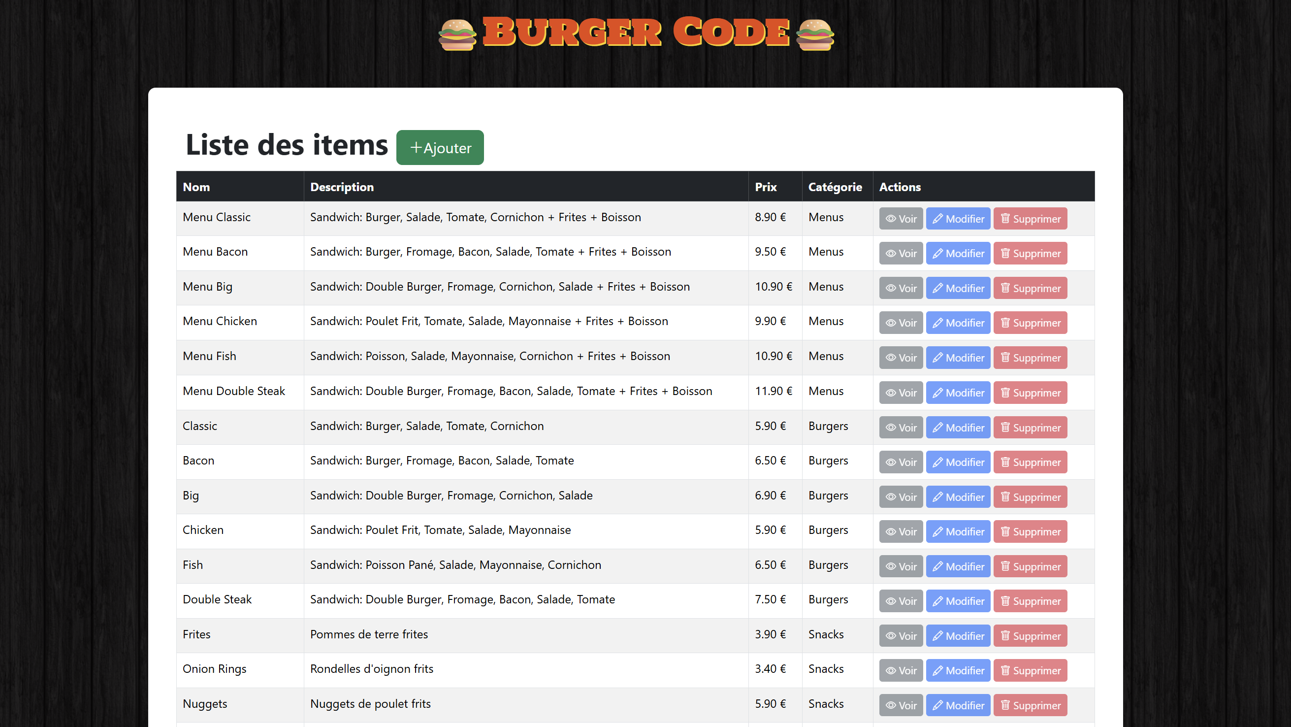 Menu de Burger